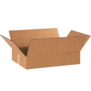 A MH-USA 18 x 12 x 3 flat corrugated box with its flaps spread outward rests against a plain white background.