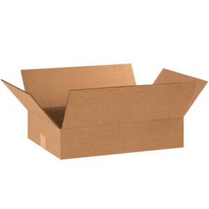 A brown MH-USA 18 x 12 x 4 flat corrugated box with open flaps sits on a white background, showcasing its versatility.
