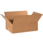 A brown cardboard box, labeled MH-USA 18 x 12 x 6 Flat Corrugated Boxes (25/Bundle), has its flaps extended outward against a plain white background, with shadows adding depth.