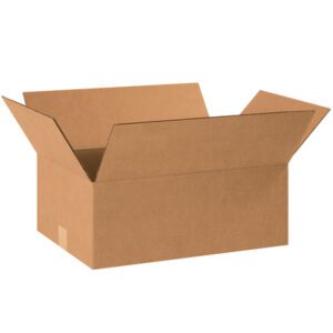 An open, empty MH-USA 18 x 12 x 7 corrugated box, with outward flaps, sits against a white background. This plain brown box is perfect for shipping or storage and is conveniently sold in bundles of 25 for all your packaging needs.