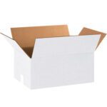 The MH-USA 18 x 12 x 8 white corrugated box, featuring flaps folded outward and a brown interior, is empty on a plain white background. Available in bundles of 25.