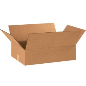 The open cardboard box, with outward-folded flaps, resembles the MH-USA 18 x 13 x 5 Flat Corrugated Boxes (25/Bundle) and sits empty against a plain white background.