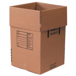 The MH-USA 18 x 18 x 28 Dish Pack Boxes (5/Bundle) are tall, open cardboard boxes with Fragile and This Side Up labels, ideal for packing or storing valuables.