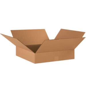 An open, empty box from the MH-USA 18 x 18 x 3 Flat Corrugated Boxes (25/Bundle), with flaps extended upwards, stands against a plain white background.