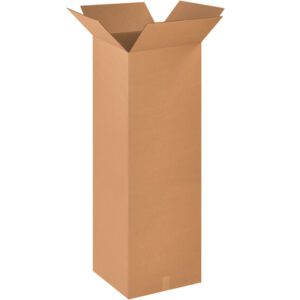 A tall MH-USA 18 x 18 x 48 corrugated cardboard box stands upright, showcasing its plain brown texture and robust design on a white background, sold in convenient bundles of ten.