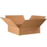 An MH-USA 18 x 18 x 5 flat corrugated box from a 25-piece bundle is shown, flaps extended outward, sitting elegantly on a pristine white background viewed from a slight angle.