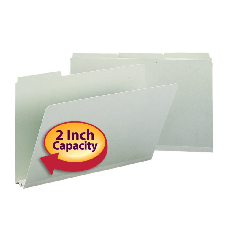 Two gray/green Smead Pressboard file folders, aligned front to back, feature a 2 expansion. The front folder displays a red and yellow 2 Inch Capacity label. These legal-size folders have 1/3-cut tabs for easy labeling.
