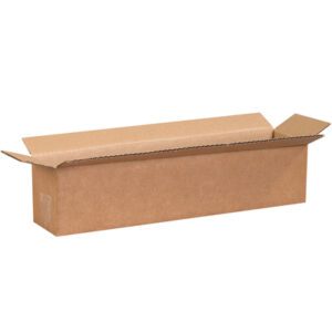 An open MH-USA 18 x 4 x 4 Long Corrugated Box (from a 25/Bundle set) is placed against a white background. Its brown color and minimalist, empty look emphasize its sturdy, narrow structure.