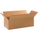 An open, empty MH-USA 18 x 8 x 4 long corrugated box with extended flaps is shown against a plain white background.