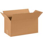 An open, empty MH-USA 18 x 9 x 9 long corrugated box from the 25/Bundle sits with its flaps folded outward against a plain white background.