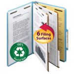 The Smead 100% Recycled Pressboard Classification File Folder (19021) in blue, with a 2 expansion and two dividers for six filing surfaces, efficiently organizes documents. It features a label tab, a green 100% Recycled Stock icon and is available in legal size, packed 10 per box.