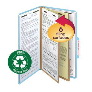 The Smead 100% Recycled Pressboard Classification File Folder, legal size in blue, is open, showing its 2 dividers and six labeled filing surfaces. A circular sticker notes 6 filing surfaces, and another confirms its made from 100% Recycled Stock.
