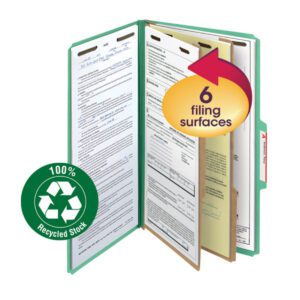 The green Smead 100% Recycled Pressboard Classification File Folder, with 2 dividers and a 2 expansion, organizes legal-sized documents across six surfaces and features a 100% Recycled Stock seal. Sold in packs of 5 (19049).
