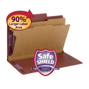 The Smead SuperTab? Classification File Folder in red features SafeSHIELD? Fasteners, an oversized tab, two dividers, and a 2 expansion for legal size documents. 90% larger label area with purple shield logo.