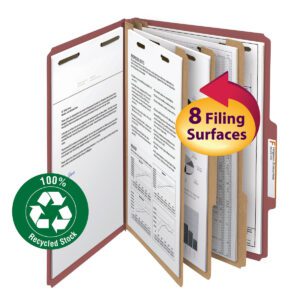 The Smead 100% Recycled Pressboard Classification File Folder, featuring 3 dividers and a 3 expansion for legal-sized documents, offers multiple sections for organizing documents and is eco-friendly with the green recycling symbol. Available in red, it comes in packs of 10 per box (19099).