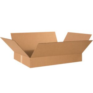An open, empty MH-USA 19 x 12 x 3 flat corrugated box with outward flaps, isolated against a white background.