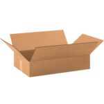 A brown MH-USA 19 x 12 x 4 flat corrugated box with extended flaps on each side is displayed against a white background, showcasing its distinctive corrugated texture inside.