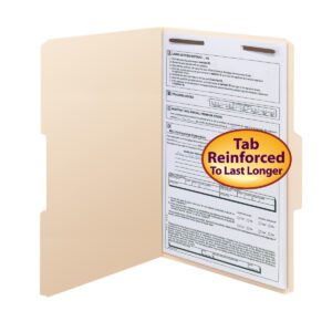 A Smead Manila Fastener File Folder (19534) lies open, displaying papers secured by its metal fastener. It has a reinforced 1/3-cut tab labeled Tab Reinforced To Last Longer. Inside, documents include tables and text with checkboxes. Comes 50 per box.