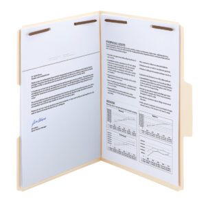 Open the beige Smead SuperTab Heavyweight Fastener File Folder (legal size, manila) with two pages inside. The left has a typed letter with a blue signature; the right lists Proposal Costs and Review, featuring text and two data charts, all secured by an oversized reinforced 1/3-cut tab.