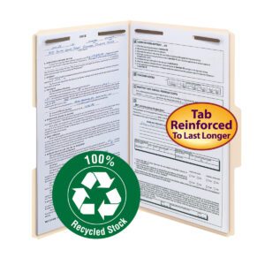 A Smead 100% Recycled Fastener File Folder, legal size, features reinforced 1/3-cut tabs and manila construction. It proudly displays a green circle with a white recycling symbol indicating 100% Recycled Stock, underscoring its eco-friendly nature.