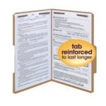 A Smead Fastener File Folder is open showing sheets secured by two fasteners. A vibrant yellow and purple circular label on the right states tab reinforced to last longer, complementing its Kraft design.