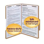 An open tan Smead Fastener File Folder reveals documents, showcasing heavy-duty thicker material on the left and tab reinforced to last longer on the right. With 2 fasteners and a 2/5-cut tab right of center, its perfect for organization—50 per box (19882).