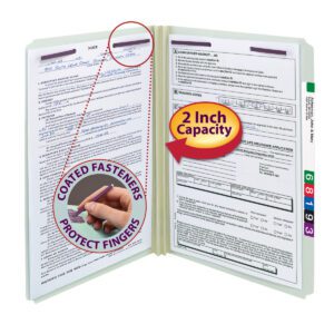 The Smead Pressboard File Folder with SafeSHIELD Fasteners (19910) has a 2-inch capacity, a straight-cut tab for easy ID, and holds loan applications securely. Numbered 1-9 colorful side tabs aid organization and coated fasteners protect fingers.