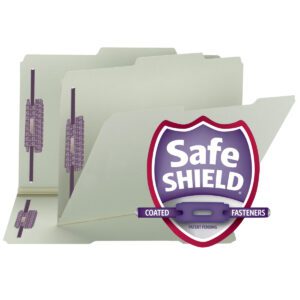 Three gray/green Smead Pressboard File Folders with SafeSHIELD fasteners feature a guide height design, arranged in a row. Each folder displays the SafeSHIELD logo and COATED FASTENERS PATENT PENDING.