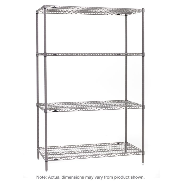 The Metro SE-184874K4-S-4 Super Erecta Shelving Unit is a four-tier metal wire unit in Metroseal Gray Epoxy. This 18 x 48 x 74 shelving features adjustable grid-pattern racks supported by four poles. Note: Actual dimensions may vary.