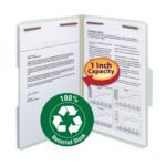 The Smead 100% Recycled Pressboard Fastener File Folder (Gray/Green, Legal Size) boasts a 1 expansion and a 1/3-cut tab for easy access, featuring a red/yellow 1 Inch Capacity label and a green 100% Recycled Stock icon.