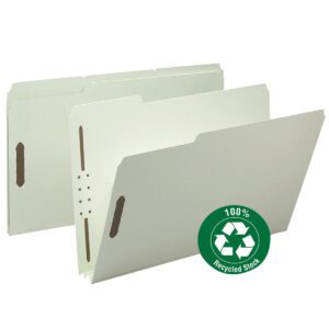 Two gray/green Smead 100% Recycled Pressboard Fastener File Folders, featuring reinforced edges, metal fasteners, and a 1/3-cut tab for easy labeling. They boast a green 100% Recycled Stock logo with a recycling symbol. Ideal for organizing legal-size documents!.
