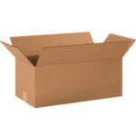 An empty MH-USA 20 x 10 x 8 long corrugated box with four outward flaps shows its texture against a white background, highlighting its sturdy build. Sold in bundles of 20.