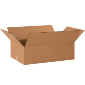 An open MH-USA 20 x 12 x 6 flat corrugated box (25/Bundle) with extended flaps sits on a plain white background.