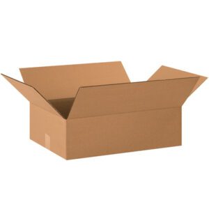 An open, empty MH-USA 20 x 14 x 6 Flat Corrugated Box from a 25/Bundle is shown with flaps extended outward against a white background, featuring a corrugated texture in plain brown.