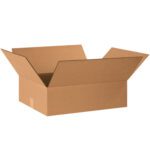 A brown MH-USA 20 x 15 x 6 flat corrugated box with open flaps stands on a white background. This empty box is typical for shipping or storage and comes in bundles of 25.