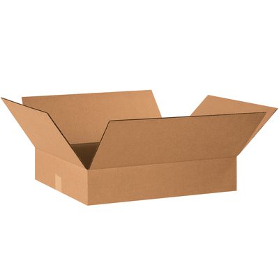 20164.jpg A brown MH-USA 20 x 16 x 4 flat corrugated box with flaps open, shown on a white background. This medium-sized box is perfect for shipping or storage and comes in bundles of 25.