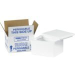 A white insulated box from the MH-USA 6 x 4 1/2 x 3 Insulated Shipping Kit (24/Case) is seen with its lid ajar beside a cardboard box labeled in blue to indicate it contains perishable goods that require careful handling.