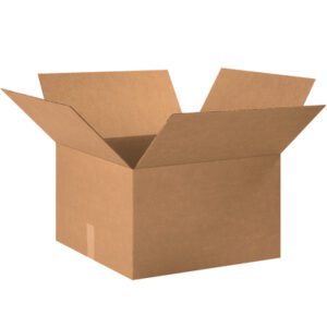 An open, empty cardboard box with outward-folded flaps is set against a white background. These light brown MH-USA 20 x 20 x 11 corrugated boxes, available in bundles of 15, are perfect for shipping or storage needs.
