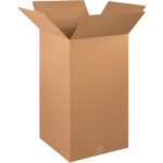 Set against a white background, an MH-USA 20 x 20 x 36 tall corrugated box stands upright with its top flaps spread. This sturdy and convenient bundle of ten boxes is perfect for your storage needs.