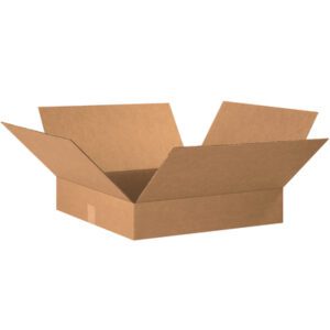An open MH-USA 20 x 20 x 4 flat corrugated box, with flaps extended, rests on a white background. Its plain brown interior and exterior demonstrate the simplicity and practicality of these boxes, sold in bundles of ten.