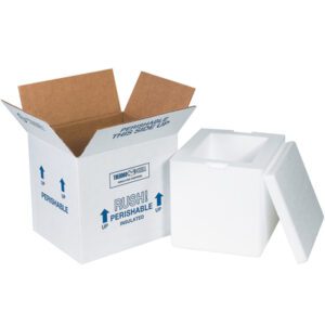 A cardboard box labeled RUSH! PERISHABLE with blue upward arrows is next to an open white foam cooler from the MH-USA 8 x 6 x 7 Insulated Shipping Kit (8/Case). The setup is on a white background with the cooler lid set aside.