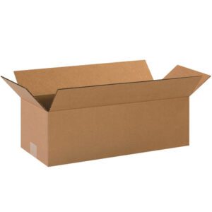 Against a plain white background is an open, brown cardboard box with outward flaps, labeled MH-USA 20 x 8 x 6 Long Corrugated Boxes (25/Bundle).