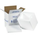 A cardboard box labeled Perishable, This Side Up holds white foam insulation from the MH-USA 8 x 6 x 9 Insulated Shipping Kit (8/Case), with a foam lid nearby, ideal for securely transporting temperature-sensitive items.