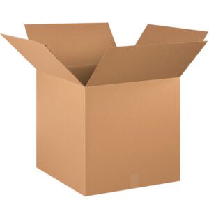 An open, empty brown MH-USA 21 x 21 x 21 corrugated box is shown against a white background with the flaps upright, highlighting its brand-new state. Available in bundles of 15, it offers durability and versatility for your packing requirements.
