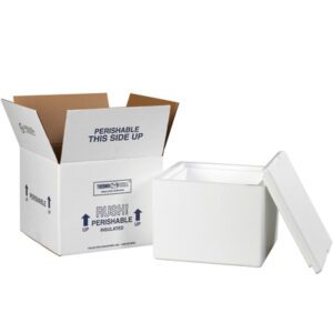 A labeled cardboard box with Perishable and This Side Up sits beside a MH-USA 9 1/2 x 9 1/2 x 7 Insulated Shipping Kit cooler, its lid slightly open to show the spacious interior.