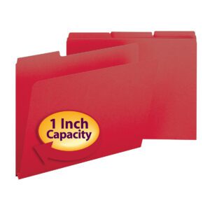 The Smead Pressboard File Folder (model 21538) is bright red, has a 1-inch expansion, reinforced sides for durability, fits letter-size documents, and includes 1/3-cut tabs for labeling. Available in boxes of 25.