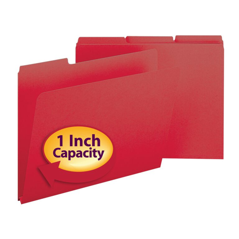 The Smead Pressboard File Folder (model 21538) is bright red, has a 1-inch expansion, reinforced sides for durability, fits letter-size documents, and includes 1/3-cut tabs for labeling. Available in boxes of 25.