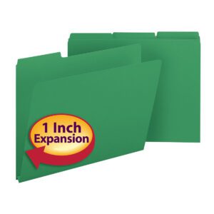 The Smead Pressboard File Folder in green, designed for letter-size documents, has a 1/3-cut tab and offers 1 expansion. A red and yellow circular label at the bottom left showcases 1 Inch Expansion, ensuring ample space for paperwork.