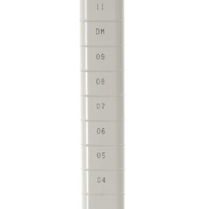 A white segmented stick features black numbers from 04 to 14 and DM on each segment. A gray knob at the base resembles an Epoxy Coated Steel MetroMax MQ74PE Industrial Shelving Post, 74 high. The background is plain white.