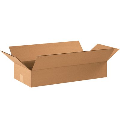 22104.jpg A rectangular MH-USA 22 x 10 x 4 flat corrugated box with flaps rests on a white background, angled to display its roomy interior, ideal for various packaging needs.